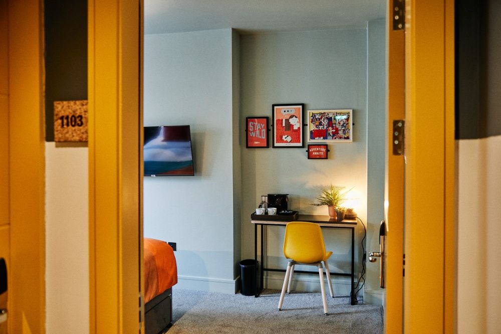 View of hotel bedroom from doorway